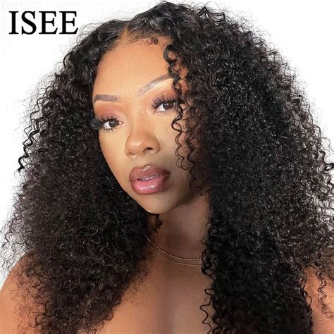 ISEE HAIR Mongolian Kinky Curly Edge Wig Human Hair 13x4 Lace Frontal