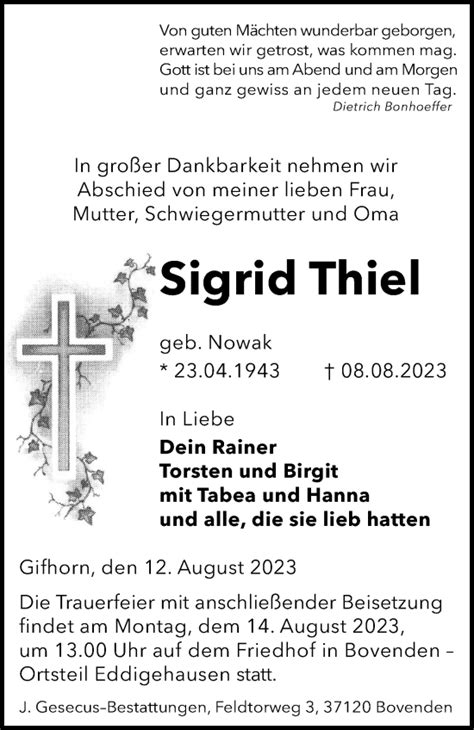 Traueranzeigen Von Sigrid Thiel Trauer Anzeigen De