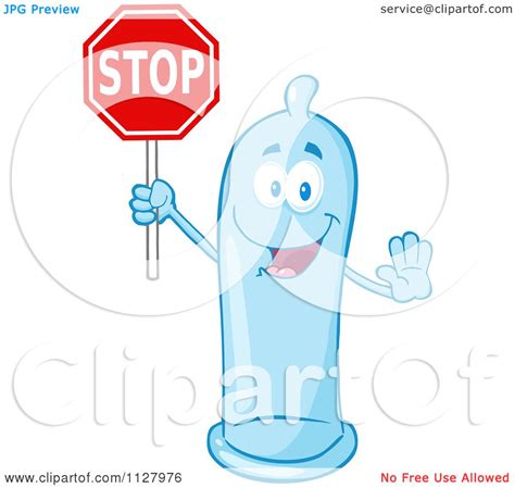 Cartoon Of A Blue Latex Condom Mascot Holding A Stop Sign Royalty