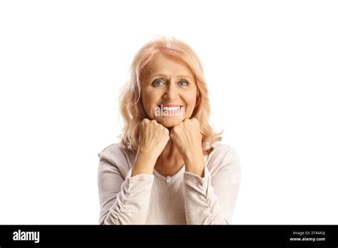 Smiling Mature Woman With Blue Eyes And Wrinkles On Face Isolated On
