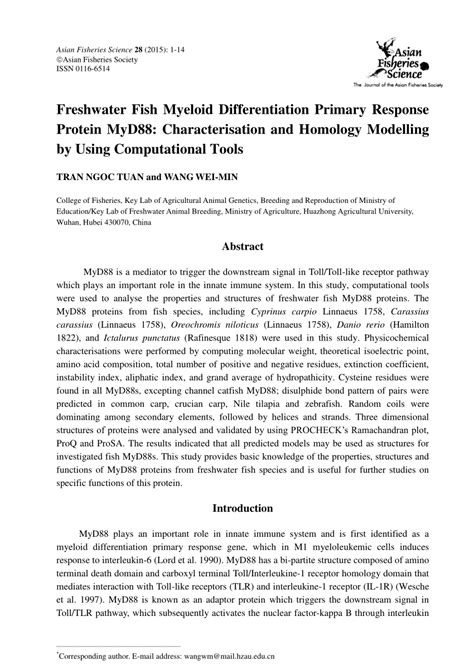 PDF Freshwater Fish Myeloid Differentiation Primary Response Protein