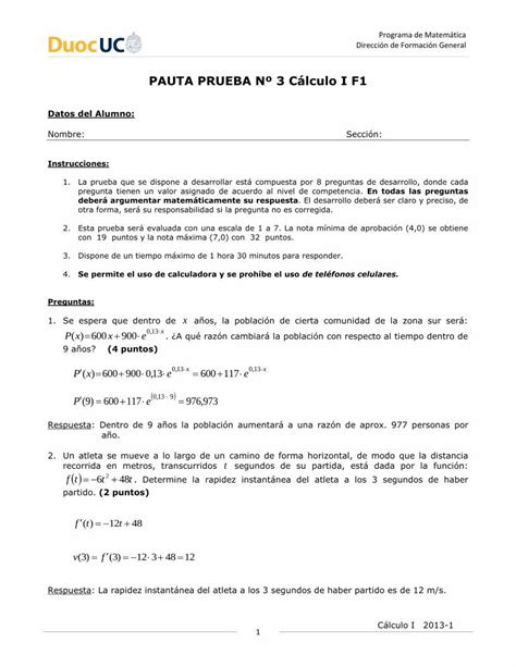 PDF PAUTA PRUEBA Nº 3 Cálculo I F1 19 puntos y la nota máxima 7 0