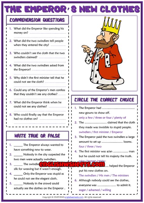 The Emperor S New Clothes Esl Reading Comprehension Questions Worksheet Artofit