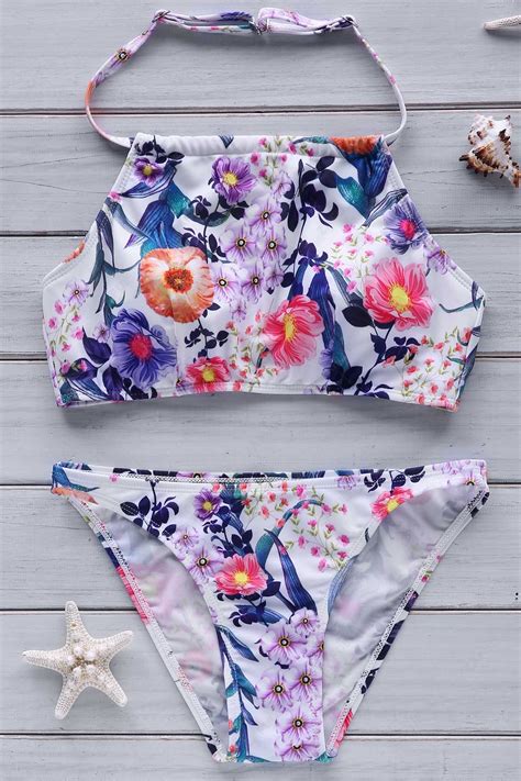 Flower Print High Neck Bikini Set Colormix Bikinis Zaful