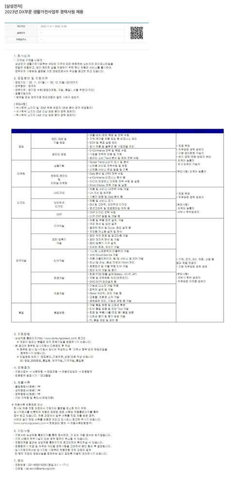 삼성전자 채용공고 2023년 DX부문 생활가전사업부 경력사원 채용 2022년 채용