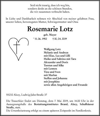 Traueranzeigen Von Rosemarie Lotz Vrm Trauer De