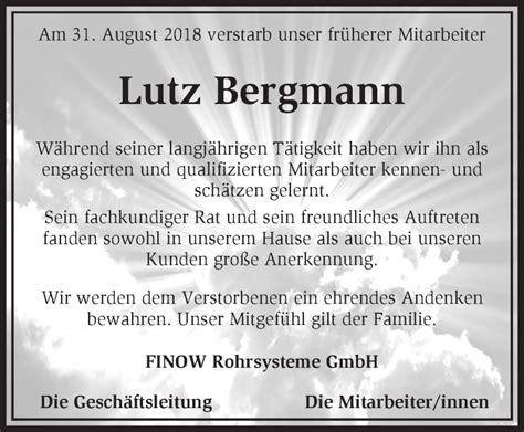 Traueranzeigen von Lutz Bergmann Märkische Onlinezeitung Trauerportal