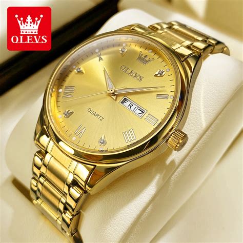 Olevs Gold Watch For Men Original Waterproof Stainless Steel Business Quartz Calendar Luminous