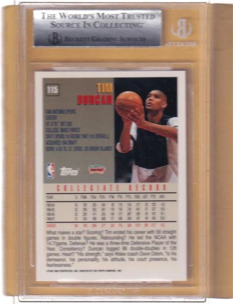 1997 98 Topps 115 Tim Duncan Spurs BGS 9 Mint RC Rookie 25143 EBay