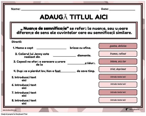 Completarea propozițiilor cu cuvinte mai puternice Fișa de lucru Nuanțe d