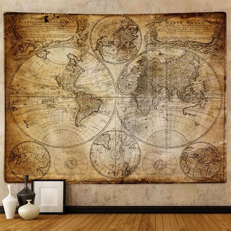 Paopoed Vintage World Map Wall Tapestry Old Nautical World Map Nostalgic Style Art