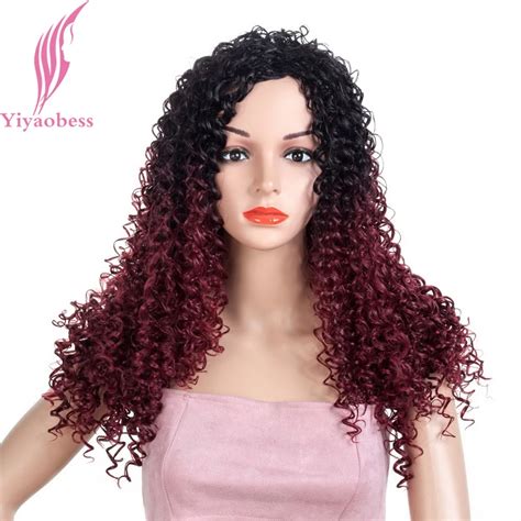 Yiyaobess 20inch Synthetic Black Wine Red Ombre Wig Long Afro Kinky