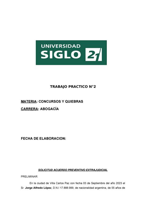 TP 2 Concursos Y Quiebras TRABAJO PRACTICO N MATERIA CONCURSOS Y