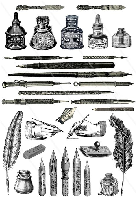 Vintage Pens Clip Art Digital Collage Sheet Fountain Pen Feather Quill ...