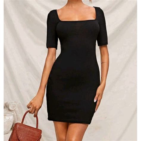 Square Neck Rib Knit Bodycon Dress Black Shopee Thailand