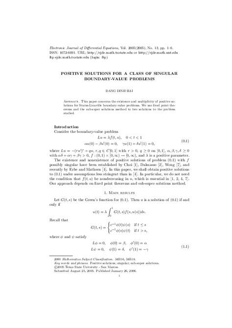 Pdf Positive Solutions For A Class Of Singular Boundary Value