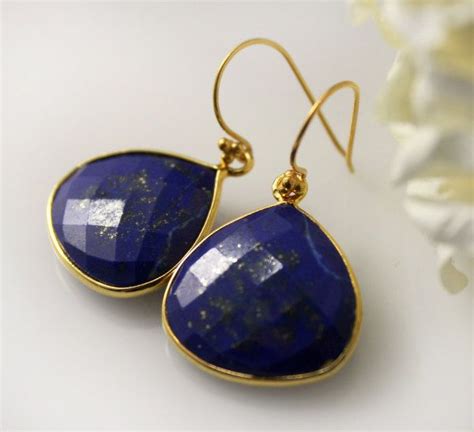 Large Lapis Lazuli Dangle Earrings Blue Stone Drop By Bygerene