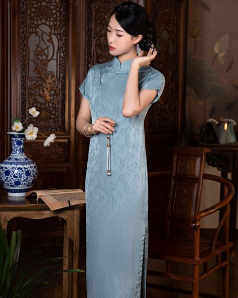 Bamboo Leaves Light Blue Cheongsam Dress Weqipao