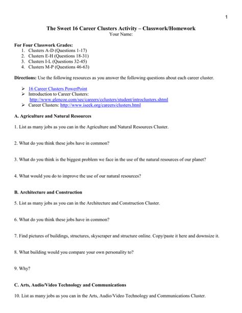 The Sweet 16 Career Clusters Activity Classworkhomework