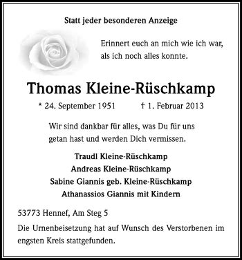 Traueranzeigen Von Thomas Kleine R Schkamp Wirtrauern