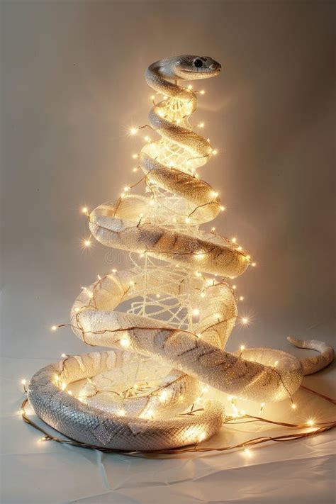 Snake Entwined In Festive Christmas Tree With Twinkling Lights Stock