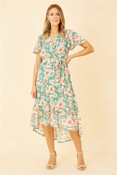 Dresses Green Floral Wrap Dress With Tiered Dipped Hem Mela