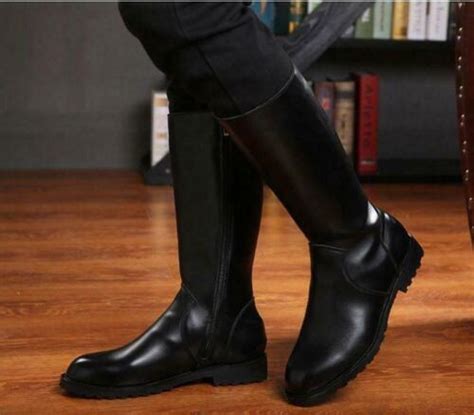 Men Black Leather Knee High Riding Boots Round Toe Side Zipper Combat