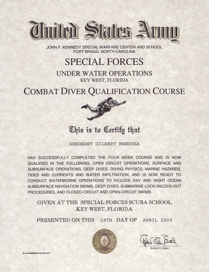 Special Forces Combat Diver Qualification Course Certificate