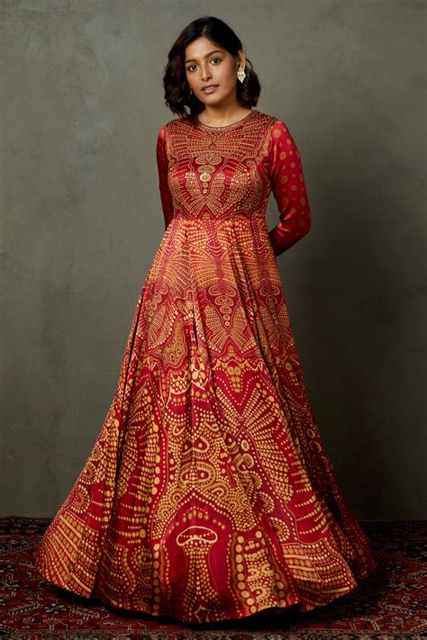 Buy Red Viscose Printed Zardozi Round Petunia Embroidered And Gown For