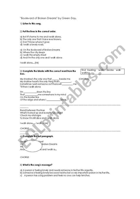 Boulevard Of Broken Dreams By Green Day Esl Worksheet By Francis