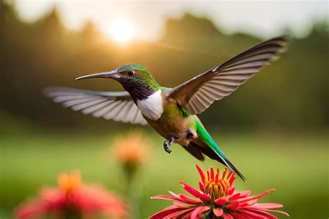 Um Beija Flor Est Voando Na Frente De Uma Flor Foto Premium