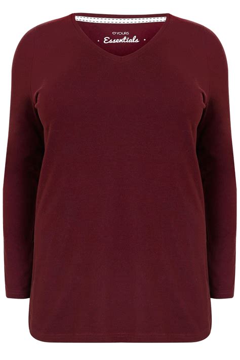 Burgundy Long Sleeve V Neck Plain T Shirt Plus 16 18 20 22 24 26 28 30