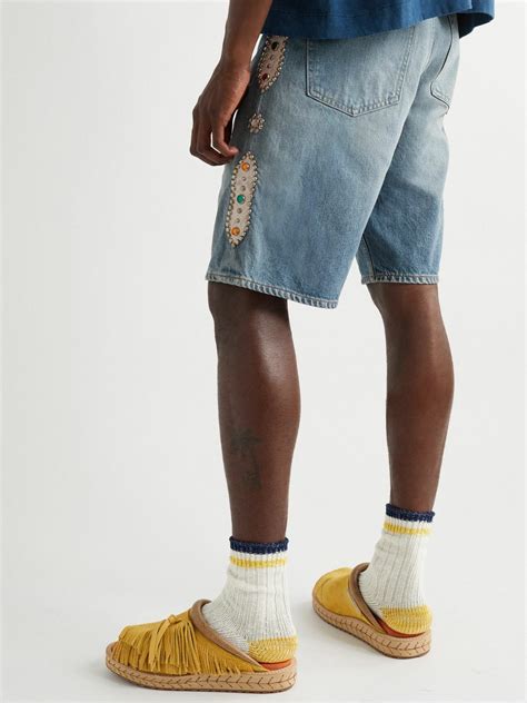 Kapital Wide Leg Embellished Denim Shorts Blue Kapital