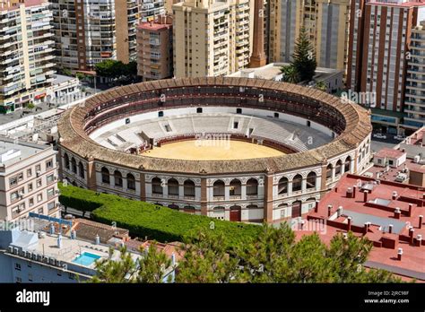 An aerial view of the Bullring of the Royal Cavalry of Ronda in Malaga ...