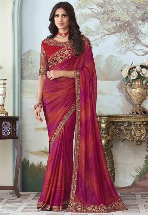 Buy Embroidered Shimmer Georgette Saree In Red And Megenta Online