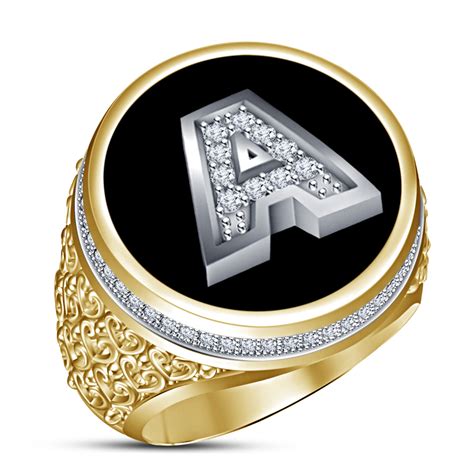 A Initial Letter Men S Ring W Diamond Black Enamel 18k Gold Plated