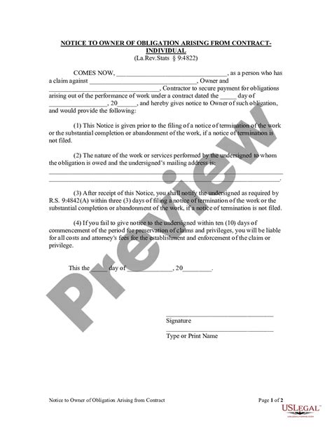 Louisiana Notice To Owner Of Obligation Arising From Contract Order