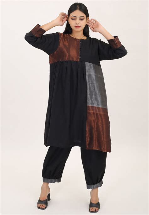 Buy Color Block Pure Cotton Aline Kurta Set In Black Online TXL174