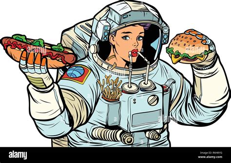 Mujer Astronauta Come Cola Perros Calientes Y Hamburguesas De Comida