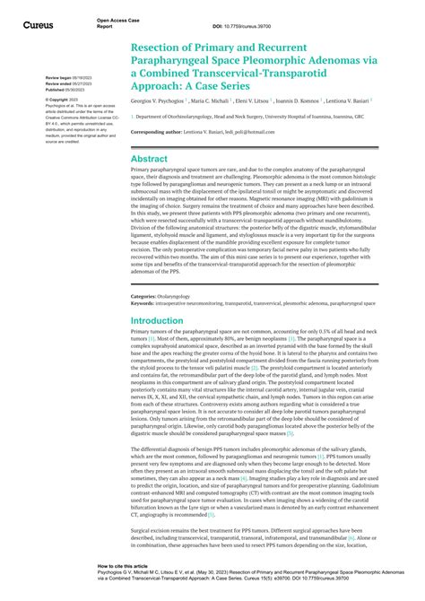 Pdf Resection Of Primary And Recurrent Parapharyngeal Space Pleomorphic Adenomas Via A