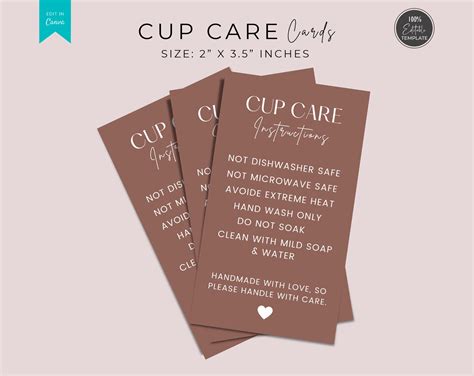 Tumbler Care Instructions Editable Cup Care Card Template Etsy