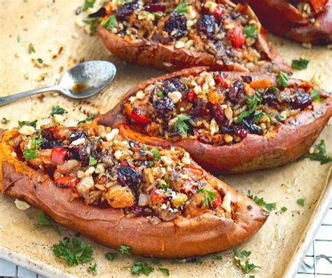 Baked Sweet Potatoes Stuffed With Savory Filling Vegan Healthy