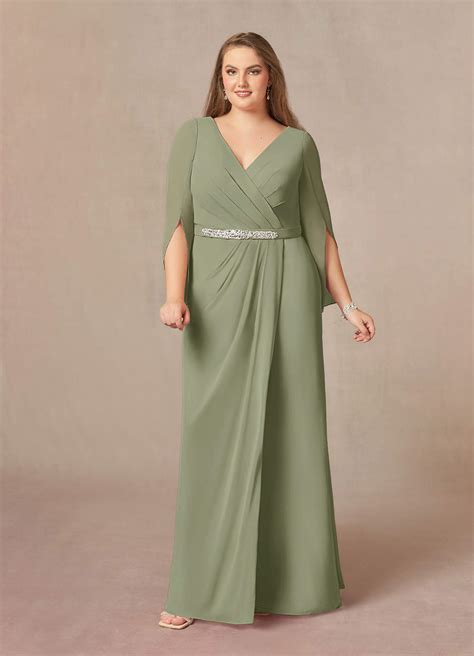 Pistachio Azazie Belinda A Line V Neck Pleated Chiffon Floor Length