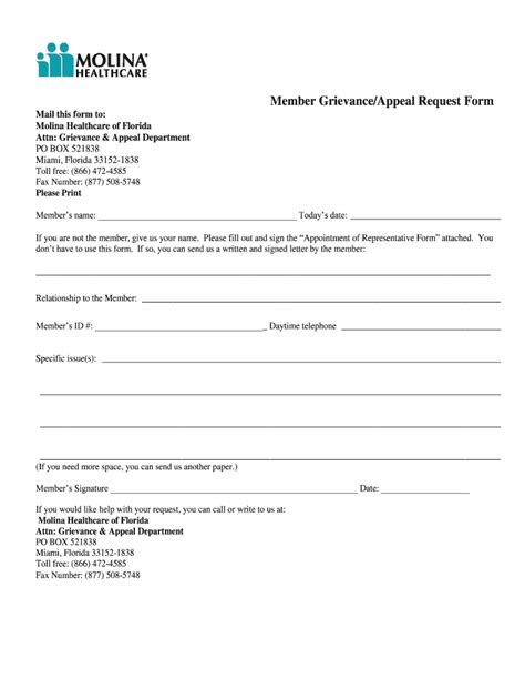 Fillable Online Member GrievanceAppeal Request Form Molina Healthcare