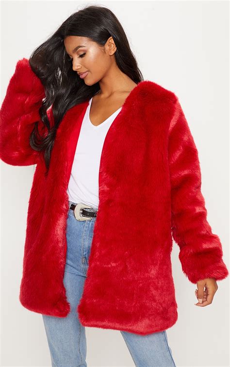 Red Midi Faux Fur Coat Coats And Jackets Prettylittlething Ie