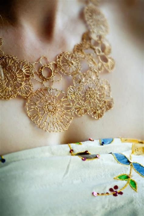 Asymmetrical Crocheted Wire Necklace Gold Color Copper Wire Crochet