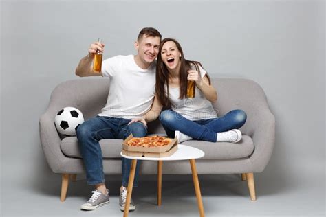 Joyful Couple Woman Man Football Fans Cheer Up Support Favorite Team