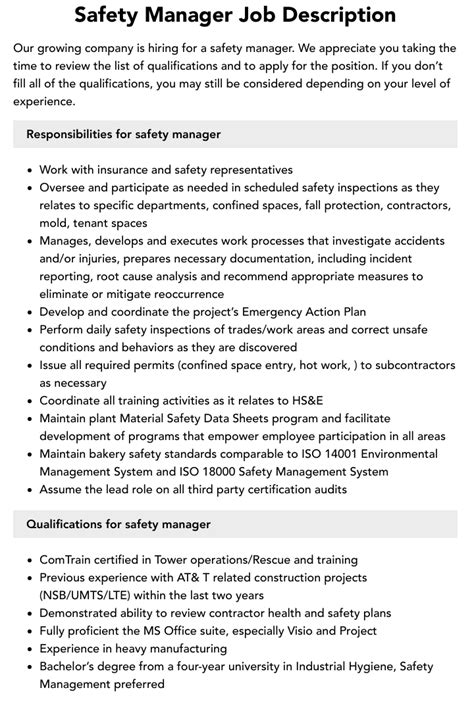 Safety Manager Job Description Velvet Jobs