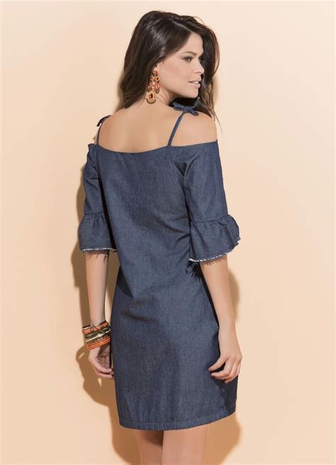 Quintess Vestido Quintess Jeans Com Babado Nas Mangas Fashion Cold