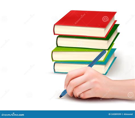 Hand With Pen Writing On Paper And Stack Of Books Royalty Free Stock